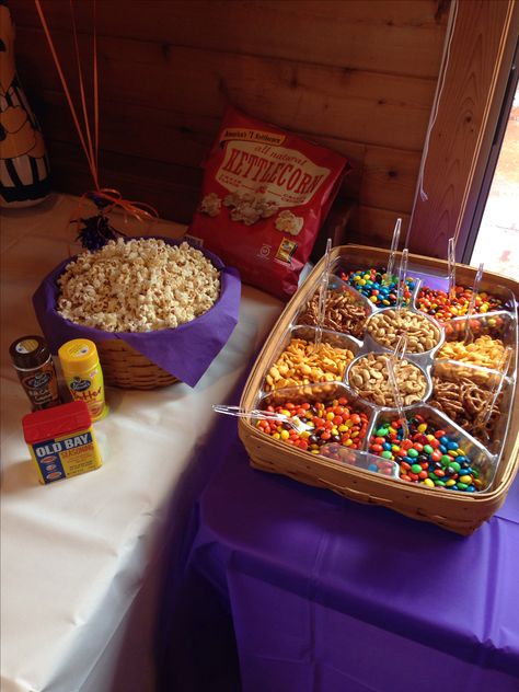 Popcorn Bar!                                                                                                                                                     More Sleepover Popcorn Bar, Popcorn Bar Sleepover, Popcorn Bar Ideas Toppings, Kids Popcorn Bar, Fall Slumber Party Ideas, Movie Snacks Ideas, Adult Sleepover Food, Sweet 16 Fall Party Ideas, Candy And Popcorn Bar