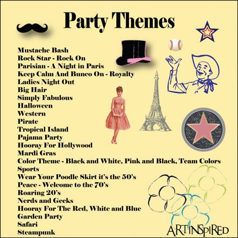 Bunco Themes Bunco Potluck Ideas, March Bunco Themes, April Bunco Themes, Kitty Party Themes Ideas Ladies, Theme Night Ideas For Adults, Bunco Themes Ideas, Bunko Themes, Ladies Night Party Themes, Bunco Party Themes