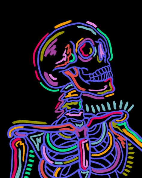 Neon, Art, Black, A Drawing, Black Background, Skeleton, Acrylic Painting