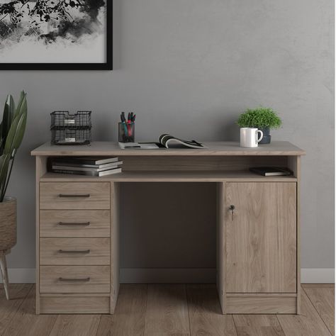 The function plus range of desks are designed to be practical in even the smallest of spaces. This desk will either tuck neatly into a corner or float in the room a true modern workstation. Storage options include two handle-less drawers and three handy shelves to keep your office supplies neatly out of sight. Also featuring metal drawer runners, a modesty panel, cable management and is made using environmentally friendly materials. Frame Colour: Oak, Top Colour: Oak Modern Workstation, Multipurpose Desk, Door Desk, Study Table Designs, Cupboard Shelves, Functional Desk, Modern Scandinavian Design, Work Station Desk, Desk Shelves