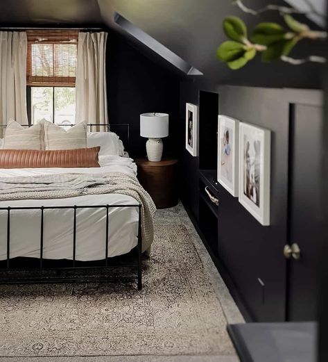 Black Bedroom Vaulted Ceiling, Grey Bed Black Wall, Black Painted Ceiling Bedroom, Paint Attic Bedroom Sloped Ceiling, Black Bedroom White Trim, Painted Slanted Ceiling, Painting Sloped Ceiling Bedroom, Sloped Ceiling Bedroom Decor, Sloped Bedroom Ceiling