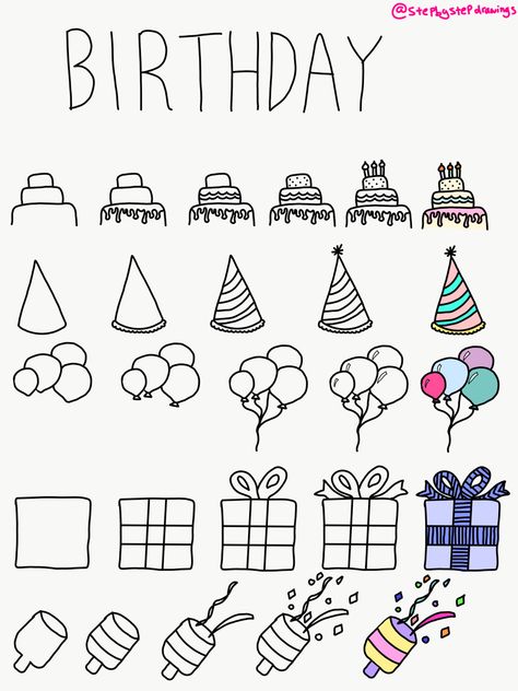 Drawing, drawing, doodle, doodling, step by step, how to, how to draw, bullet journal, design idea, theme, bullet journal theme ideas, bullet journal design idea, birthday, celebration, party, cake, present, party popper, confetti, balloons, party hat Simple Doodles Birthday, Birthday Bulletin Journal Ideas, How To Draw A Birthday Present, Birthday Cake Doodle Drawing, Drawing Theme Birthday Party, Simple Birthday Doodles, Planner Doodles Step By Step, How To Draw A Birthday Cake Step By Step, How To Draw Presents