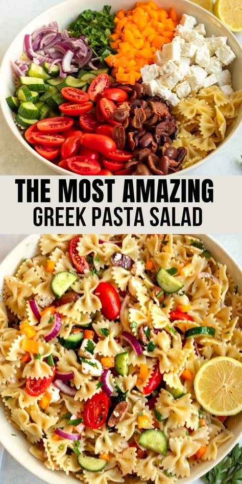 Greek Pasta Salad Healthy, Pasta Salad With Greek Dressing, Salads Recipes No Meat, Pasta Salad Bowl, Pasta Salad That Keeps Well, Best Ever Pasta Salad Recipes, Meditrainian Pasta Salad, Best Greek Pasta Salad Recipe, Greek Pasta Salad Recipe Dressings