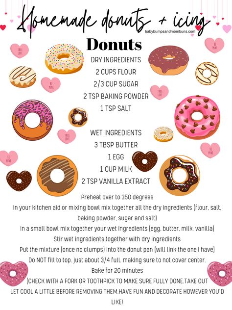 DIY Homemade Mini Valentines Donuts + Icing. (Free Printable Recipe Included) Valentines Donuts Ideas, Mini Donut Maker Recipes, Donut Maker Recipes, Mini Donut Recipes, Donut Icing, Doughnut Recipe Easy, Mini Donuts Maker, Cake Donuts Recipe, Homemade Donuts Recipe