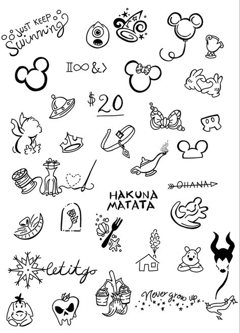 Mini Tattoo Doodles, Disney Ankle Bracelet Tattoo, Little Disney Tattoos, Cartoon Tattoos Women, Anastasia Tattoo Ideas, Mini Disney Tattoos, Disney Traditional Tattoo, Tattoo Designs Disney, Disney Flashsheets Tattoo