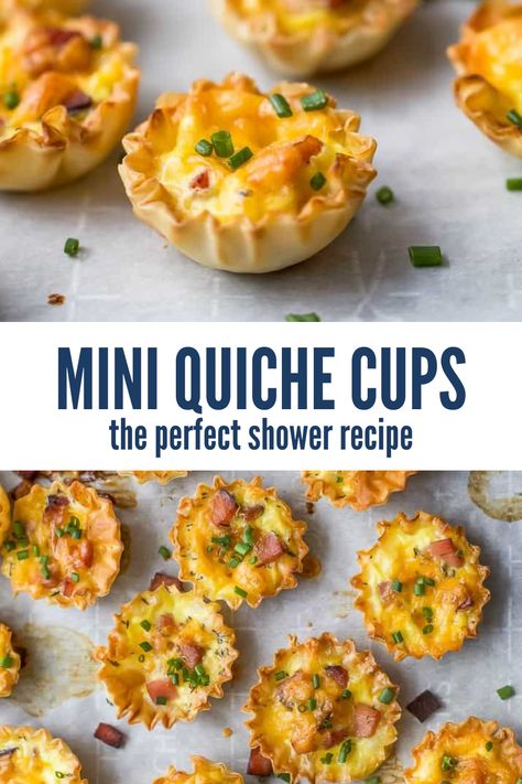 Looking for an easy and crowd-pleasing dish to serve at your next shower or brunch? Look no further than these Mini Ham and Cheese Quiche Cups! These little bites of cheesy goodness are wrapped in flaky phyllo dough and make the perfect addition to any menu. Whether you're hosting a Sunday Brunch or need an appetizer for a baby shower, these quiche cups are sure to impress your guests. So grab a muffin tin and get ready to enjoy these delicious and easy-to-make treats! Brunch Tapas Ideas, Breakfast Quiche Mini, Cute Brunch Food, Mini Brunch Food Ideas Breakfast, Quiche Decoration, Brunch Grab And Go, Brunch Serving Dishes, Brunch Shower Menu Ideas, Brunch Bites Parties