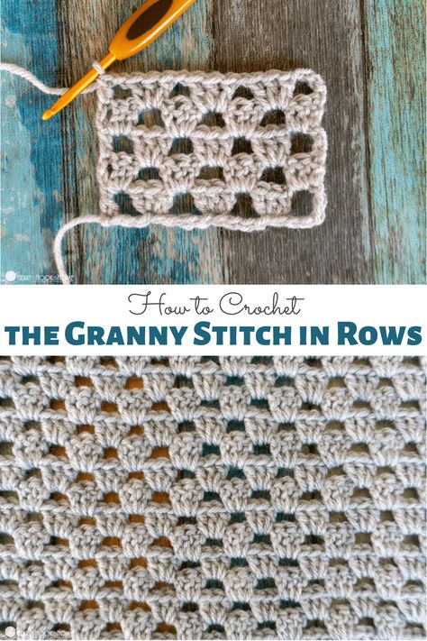 How To Granny Stitch Crochet, Granny Square Crochet Stitch, Granny Stitch Rectangle, Knit Stitch Crochet Tutorial, Crochet Granny Stitch In Rows, Granny Square Lapghan Pattern, Crochet Hat Edging, Fun Easy Crochet Stitches, Granny Square Alternative