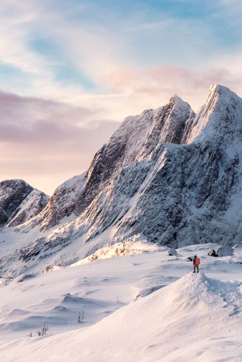 Beautiful winter scenery in Norway. Snow-capped Norwegian mountain with a hiker looking on Nature, Vacation Places In Usa, Best Countries To Visit, Places In Usa, World Most Beautiful Place, Life Adventure, Beautiful Places To Live, World Wallpaper, Breathtaking Places