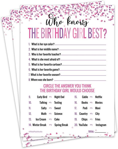 Amazon.com: 30 Who Knows The Birthday Girl Best Game Cards- for Child or Teen- Fun and Easy Game for Party or Sleepover- Girl Birthday Supplies, Activity, Decorations : Toys & Games Pink And Purple Party, Game For Party, Teen Girl Birthday Party, Girls Birthday Games, 17. Geburtstag, Girls Birthday Party Games, Birthday Sleepover Ideas, Easy Party Games