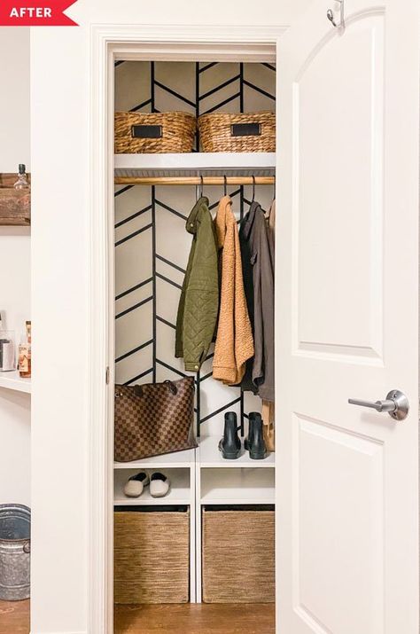 Need a better system for organizing your coat closet? Check out these 21 genius coat closet organizing ideas now! Decorating Ideas For High Ledges, Modern Coat Closet Entryway, Cleaning Closet Makeover, Redo Small Closet, Extra Small Closet Ideas, Closet Shelving Ideas Storage, Weekend Projects Diy House, Small Closet Makeover Diy, Small Entry Closet Makeover