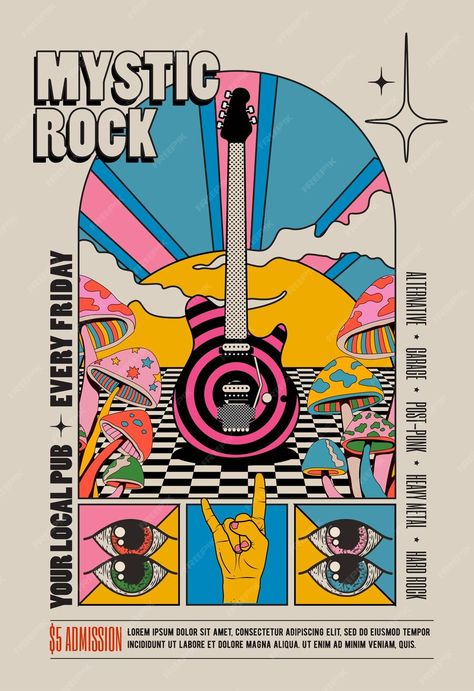 Premium Vector | Vector retro vintage styled psychedelic rock music concert or festival flyer or poster design template Music Festival Identity Design, Recruitment Flyer Design, Music Festival Graphic Design, La Olympics, Band Flyer, Poster Design Template, ポップアート ポスター, Concert Poster Design, City Pop