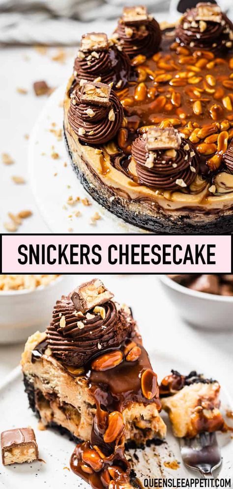 Essen, Snickers Cheesecake Recipe, Carmel Desserts, Snickers Cheesecake, Chocolate Ganache Frosting, Baked Cheesecake, Ganache Frosting, Peanut Butter And Chocolate, Caramel Cheesecake