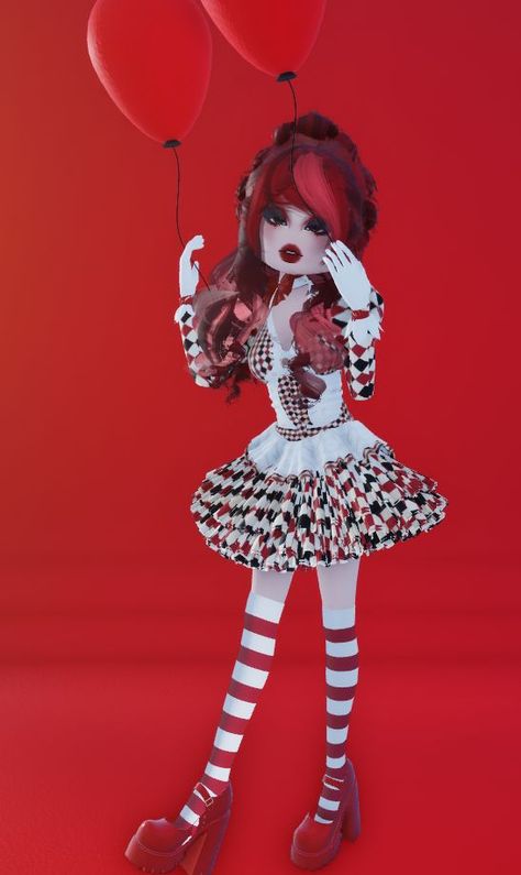 Clown Ruffles Drawing, Clown Outfit Dress To Impress, Rh Clown Outfit, Dress To Impress Roblox Game Outfit Ideas Theme Pastel Goth, Dti Carnival Clown, Dress Outfits With Converse, Carnival Outfit Inspo Dti, Clown Dti Outfit, Dti Outfit Inspo Halloween