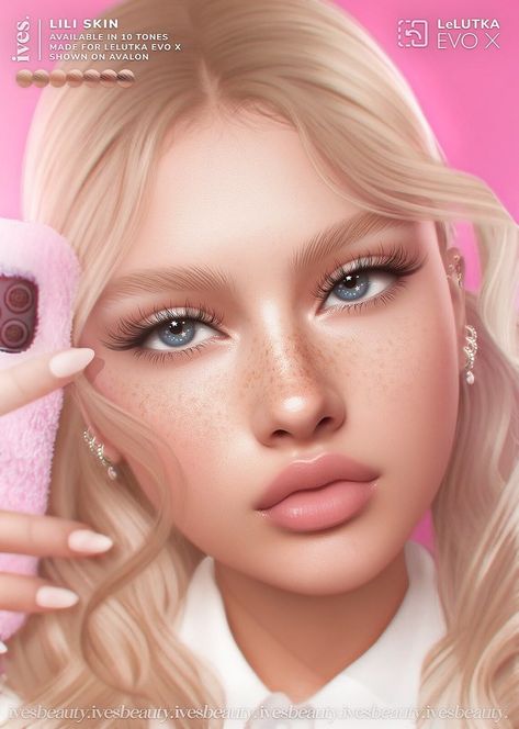 💗 "LILI" SKIN ． Made for LeLUTKA Evo X (Shown on Avalon) ． 10 skintones compatible w/ VELOUR body skins ． Flippable skin, pick which side the highlight of your face will be! 💗 INCLUDED FOR EACH TONE: ． Skin (w/ built-in neckblends) & Ears as BoM Layers ． Brows: Brown L&D, Blonde L&D & Ginger L&D, Black, No Brows ． (L&D means "light" & "dark", you'll get 7 eyebrow colors in total) ． Shapes for Head & Brows 　 ✧ 　 ☁️ IG @ IVESBEAUTY.SL ☁️ MAIN: /IVES/113/142/208 Sims 4 Cc Eye Highlight, Sims 4 Makeup Highlight, Sims 4 Cc Skin Eyebrows, Sims 4 Eye Highlights Cc, Sims 4 Cc Brown Eyes, Sims Brows Cc, Sims 4 Presents Face, Sims 4 Lip Shape, Sims Default Skin