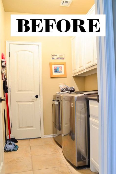 This small builder basic laundry room was beige and dysfunctional. You wouldn't believe what it looks like now after a total DIY renovation! Laundry Room Coat Closet Combo, Laundry Room With Black Door, Laundry Room Ideas Garage Entry, Small Laundry Room Wallpaper Ideas, Laundry Room Drop Zone Ideas, Diy Laundry Room Ideas Small, Diy Utility Room, Laundry Room Built In Cabinets, Small Laundry Room Ideas Top Loaders