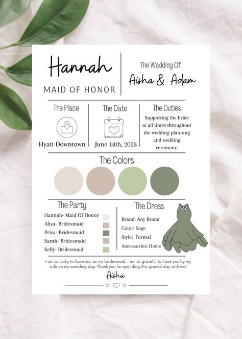 Welcome to HD Customized Designs! Make your bridesmaids feel extra special with this elegant and personalized Bridesmaid Info Card. This beautifully designed card is the perfect way to convey important details and show your appreciation for the important role they play on your special day. It's very simple to edit on Canva and save as your own to print or send digitally. You will receive a PDF upon purchasing going over instructions and the link to edit on Canva. Whether you're planning a rustic Simple Bridal Party Proposal, Wedding Details Card For Bridesmaid, Bridesmaid Detail Cards, Bridesmaid Proposal Invitations, Bridesmaid Invite Ideas, Wedding To Do, Bridesmaid Announcement, Bridesmaids Invites, Gifts To Bridesmaids