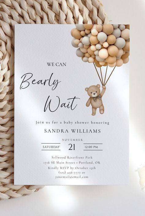 Cute 'We Can Bearly Wait' Teddy Bear Balloon Baby Shower Invitations for Your Special Day Teddy Bear Holding Balloons, Bear Holding Balloons, Teddy Bear Balloon, Teddy Bear Baby Shower Theme, Invitaciones Baby Shower, Holding Balloons, Bear Balloon, Teddy Bear Baby Shower Invitations, Baby Boy Decorations