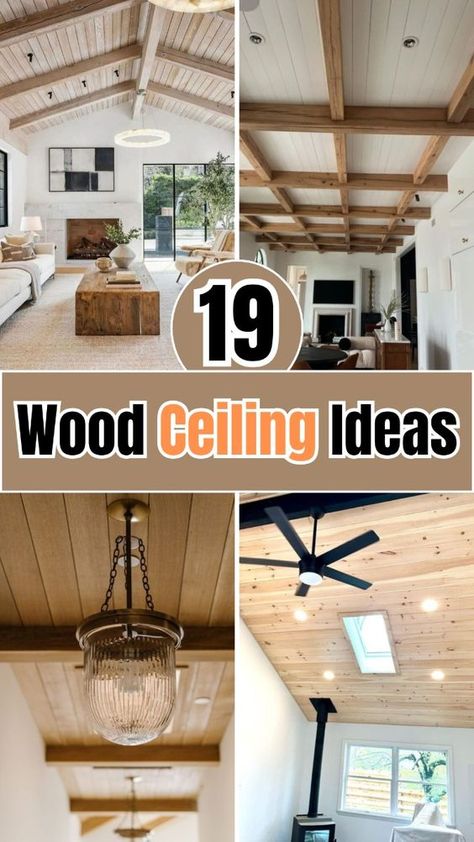 Discover 19 breathtaking wood ceiling ideas that will transform any room in your home. From rustic beams to sleek modern finishes, these designs add warmth and character to your space. Whether you're updating your living room, bedroom, or kitchen, these wood ceiling inspirations are sure to impress. Save your favorites! Painted Plank Ceiling, Black Exposed Beams, Tray Ceiling With Beams Living Rooms, Poplar Wood Ceiling, Wood Ceiling Design Living Room, Rustic Kitchen Ceiling Ideas, Diy Wood Ceiling Ideas, Rustic Wood Ceiling Ideas, Ceiling Finishes Ideas