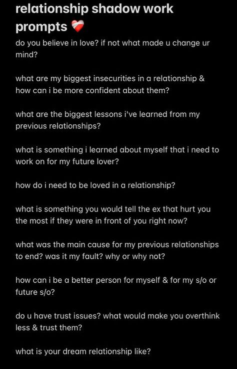 Insecurities Shadow Work, Shadow Work About Relationships, Insecurity Prompts, Insecurity Shadow Work, Shadow Work Insecurities, Shadow Work Questions Relationships, Shadow Work Relationship Prompts, Relationship Shadow Work Prompts, Shadow Work For Relationships