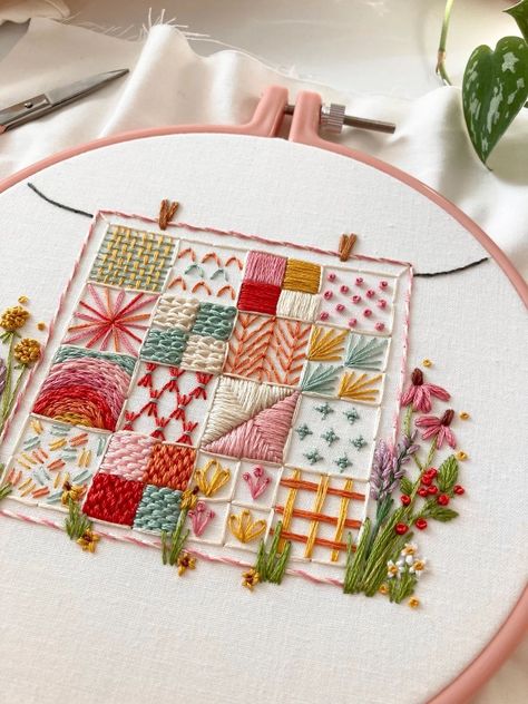 Embroidery sampler Embroidery On Blankets Ideas, Embroidery Sampler Book, Embroidery Palette, Embroidery Patterns Beginner, Embroidery Square, Quilt Embroidery, Embroidery Quilt, Pdf Embroidery Pattern, Diy Broderie