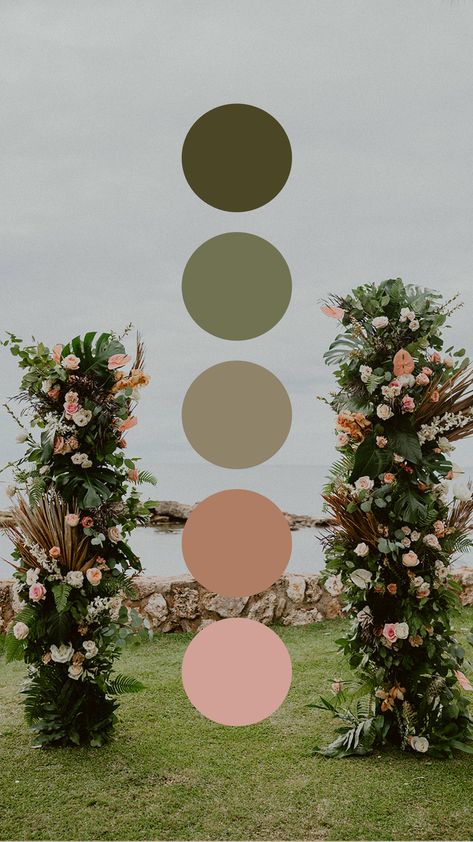 Summer Spring Wedding Colors, Boho Party Color Palette, Sage Green And Rusty Pink Wedding, Color Palette For Summer Wedding, Olive Green Wedding Color Schemes, Blush Olive Wedding, Spring And Summer Wedding Colors, Olive Wedding Color Palette, Earthy Wedding Colors Colour Palettes