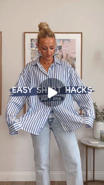 Emily James on Instagram: "3 quick & easy ways to change up your classic shirt 💙 Save for inspiration! which style is your fave?  #outfithacks #reelsfashion #fashionhacks" Tie Up Button Up Shirt, Easy Sunday Outfit, How To Fold Button Up Shirts Sleeves, Blouse Tying Hacks, How To Dress Like A Cool Mom, Button Up Blouse Hacks, Tying Button Up Shirt Hack, Shirt Hacks Button Up, Ways To Style Shirt Women