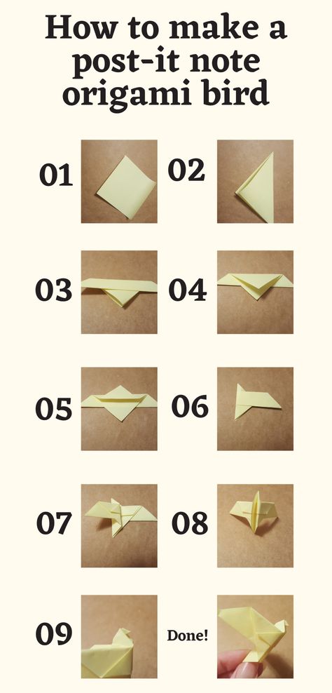 Here is a quick tutorial on making an easy origami bird! This beginner design will be a great way to start learning how to make origami. Note Origami, Origami Bird Easy, Sticky Note Crafts, Easy Origami Animals, Sticky Note Origami, Origami Tutorial Easy, Paper Folding Crafts, Creative Origami, Origami Step By Step