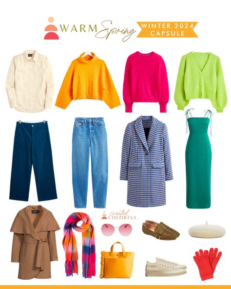 Spring Color Palette Outfits, Colorful Capsule Wardrobe, Hoc Spring, True Spring Palette, Warm Spring Palette, True Spring Color Palette, Warm Spring Color Palette, Warm Spring Outfits, True Spring Colors