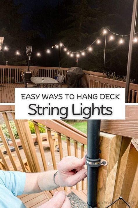 Best ways to hang string lights on deck Outdoor Deck String Lights, Hanging Outdoor Patio Lights, Shepard Hook Patio String Lights, Back Porch Hanging Lights, Patio Lights Deck, Poles For String Lights On Deck, Decking Lights Ideas Outdoor, Outdoor Railing Lights, Deck Posts For Lights