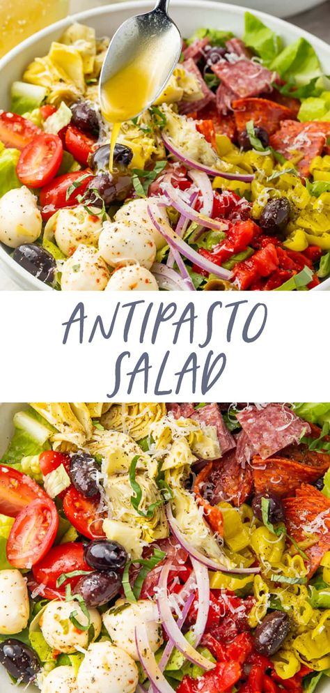 This delicious antipasto salad features all your Italian antipasto favorites in a refreshing, flavorful salad. With plenty of salami, prosciutto, and pepperoni, plus mozzarella balls, tomatoes, olives, roasted red peppers, pepperoncini, and red onion, tossed in a quick and easy Italian vinaigrette. Vegetables For Italian Dinner, Antipasto Platter Salad, Italian Wedge Salad, Antipasto Wedge Salad, Italian Salad With Salami, Italian Salads Antipasto, Italian Olive Salad, Easy Healthy Italian Recipes, Italian Dinner Sides