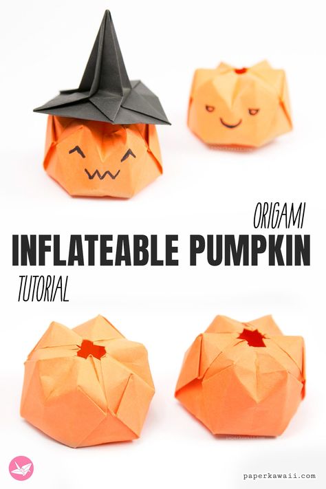 Kawaii Halloween Crafts, Pumpkin From Paper, Paper Jackolantern Craft, Pumpkin Origami Tutorials, How To Make A Paper Pumpkin, Oragami Ideas Halloween, Pumpkin Origami For Kids, Paper Halloween Crafts For Kids, Halloween Paper Pumpkin