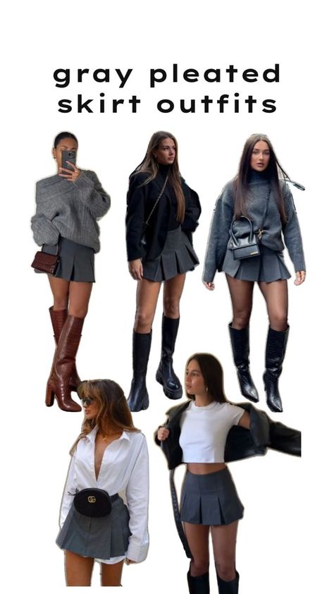 [SponsoredPost] 16 Impressive Outfit Ideas With Knee High Boots Winter Fashion Recommendations You Need To See This Summer #outfitideaswithkneehighbootswinterfashion Skirt And Boots Outfit Night Out, Grey Mini Pleated Skirt Outfit, Pleated Skirt Outfit Plaid, White Skirt Christmas Outfit, Gray Pleated Skirt Outfit Winter, Mini Shirt Outfit Ideas, Classy Pleated Skirt Outfit, Black Pleated Skirt Outfit Mini, Fall Outfits Aesthetic Skirt