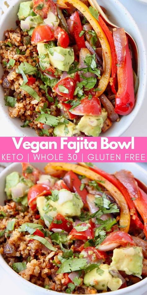 Quick and easy veggie fajitas are served with flavorful Mexican Cauliflower Rice and Chunky Avocado Salsa in this low carb vegan fajita bowl recipe! Each bowl contains just 16 net carbs, is gluten free and whole 30 approved! These healthy, vegetarian bowls are perfect for lunch, dinner or meal prep and made in just 35 minutes! Vegan Fajita Bowl, Vegetarian No Carb Meals, Cheap Vegetarian Meal Prep, Low Carb Plant Based Recipes, Low Calorie Recipes Vegetarian, Low Carb Vegan Meals, Low Calorie Vegan Recipes, Low Carb Recipes Vegetarian, Veggie Dinner Ideas