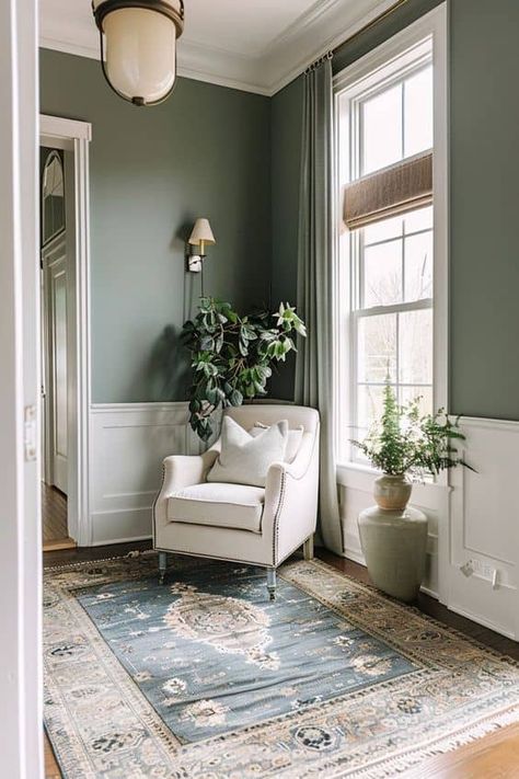 22 Green Living Room Decor Ideas » Lady Decluttered Rincon, Grey Cream Green Living Room, Green And Gray Home Decor, Sage Accent Living Room, Green Family Room Walls, Ivory And Green Living Room, Green And Cream Decor, Dark Green Farmhouse Living Room, Decorating With Green Walls