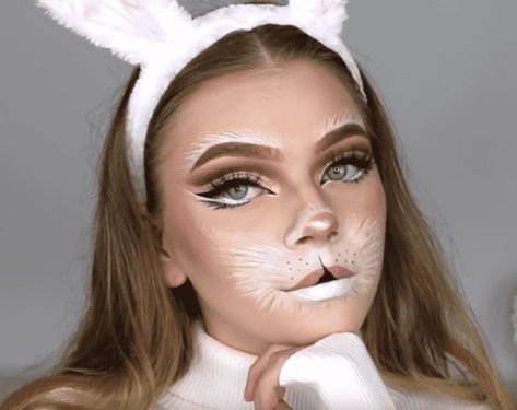 Bunny Makeup Halloween Cute, White Rabbit Face Makeup, Rabbit Nose Makeup, White Rabbit Makeup Simple, Bunny Makeup Kids, Bunny Makeup Tutorial, Simple Bunny Makeup, Make Coelho, White Bunny Makeup