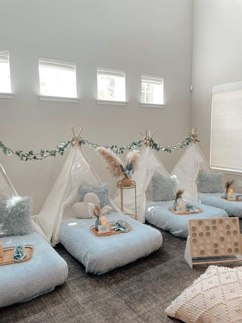 Blue & Boho Teepee Sleepover Birthday Party Ideas | Photo 5 of 8 | Catch My Party Sleepover Birthday Party Ideas, Homemade Forts, Slumber Party Decorations, Teepee Sleepover, Boho Teepee, Sleepover Birthday Party, Sleepover Room, Glamping Birthday Party, Sleepover Beds