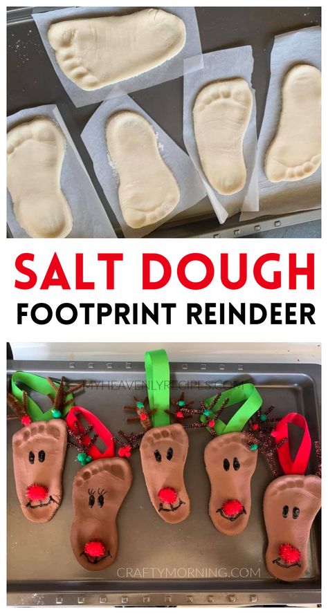 Salt Dough Footprint Reindeer Ornaments- such a cute christmas craft for kids to make! Fun homemade ornaments for gifts for parents or grandparents. DIY project for keepsakes! Recipe for salt dough footprint ornaments. Salt Dough Footprint, Grandparents Diy, Baby Christmas Crafts, Juleverksted For Barn, Diy Jul, Preschool Christmas Crafts, Gifts For Parents, Christmas Crafts For Kids To Make, Homemade Ornaments