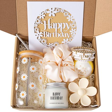 PRICES MAY VARY. What's In The Box: This thoughtfully curated gift set includes a 16oz retro flowers coffee glass cup with a bamboo lid and straw, a HAPPY BIRTHDAY candle, a bath bomb, a flower hair clip, a silk scrunchie, a set of clay beaded bracelets, a paper cut happy birthday card, and a cute box package with paper filling. Happy Birthday Gift Box: Delight your mother, friend, significant other, teen girl, daughter, wife, or girlfriend with this beautifully curated birthday gift box. Unlike Birthday Gifts For Coworkers, Good Birthday Gifts, Daisy Aesthetic, Starbucks Orders, Aesthetic Glass, Glowforge Ideas, Cup Gift Set, Birthday Basket, Friends Cute