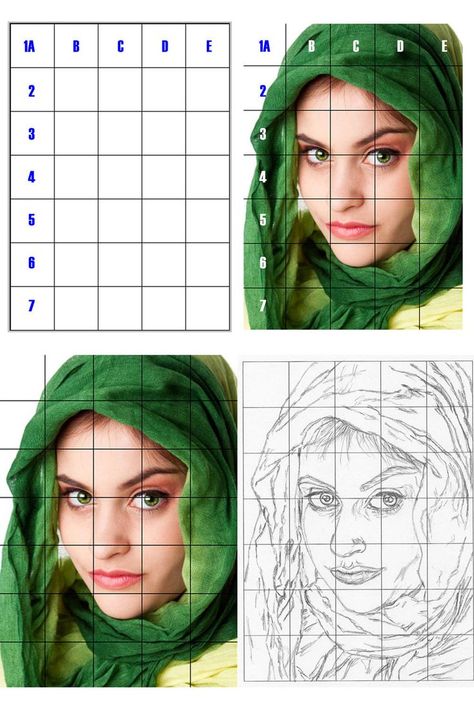 labeled grid and reference photo and final drawing on grid paper Art Lesson Plans, Drawing Grid, Grid Drawing, Drawing Tutorial Face, Art Worksheets, School Art Projects, Drawing Skills, Drawing Lessons, 인물 사진