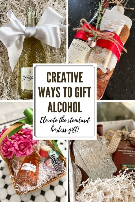 How To Wrap Alcohol Gift, Alcohol Hostess Gifts, Whiskey Gift Basket Ideas Diy, Mimosa Basket Gift Ideas Diy, Birthday Wine Basket Gift Ideas, Wine Housewarming Gift, Diy Christmas Alcohol Gifts, Diy Boozy Christmas Gifts, Beverage Gift Ideas