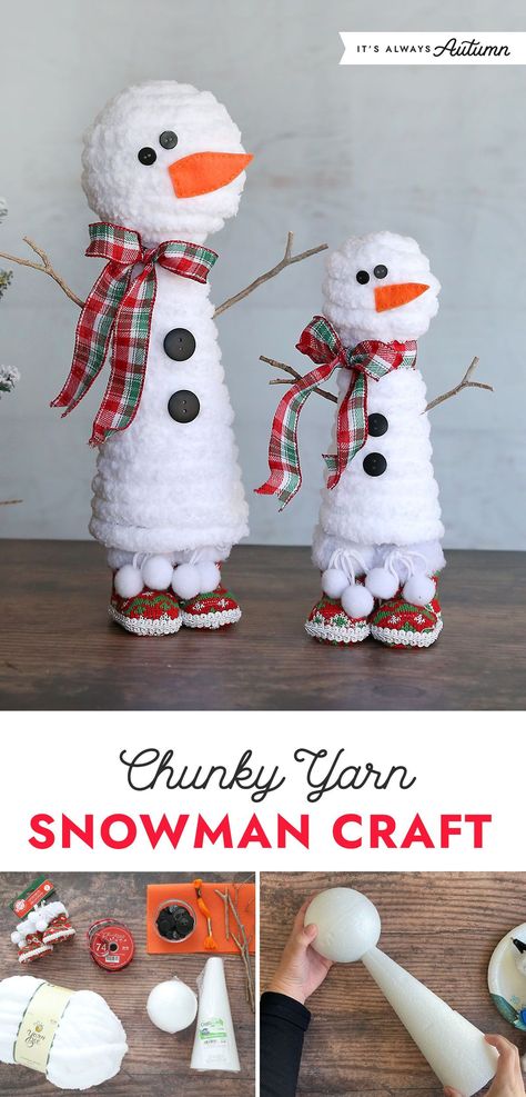 Natal, Easy Snowman Crafts For Adults, Tide Pod Snowman, Christmas Chunky Yarn Crafts, Christmas Ornament Diy Adult, Fabric Snowman Diy, Diy Winter Crafts For Adults, Unique Craft Ideas Creative, Foam Cone Crafts