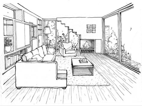 3 Point Perspective Drawing Interior, 1 Point Perspective Room, Perspective Drawing Room, One Point Perspective Room, Room Perspective Drawing, Design De Configuration, Perspective Room, Dunia Disney, Drawing Room Interior Design