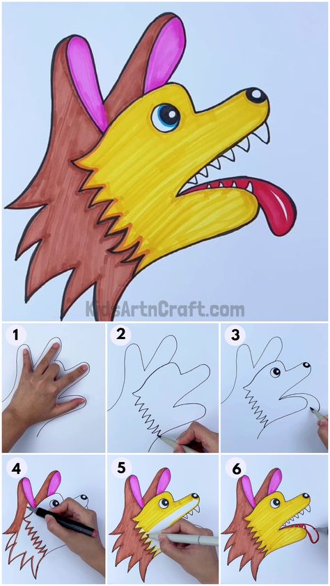 Handprint Dog, Simple Drawings For Kids, Trin For Trin Tegning, Drawing Pictures For Kids, Hand Art Kids, Easy Art For Kids, Toddler Arts And Crafts, Hand Crafts For Kids, Easy Drawings For Kids