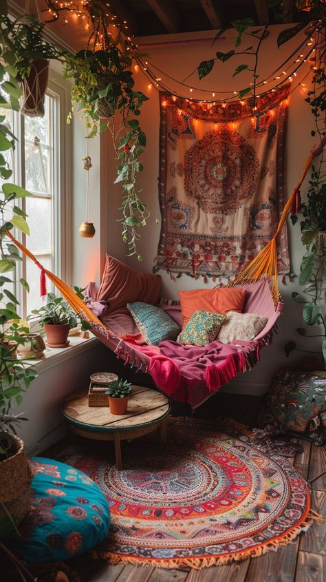 Hammock Ideas Indoor, Boho Hang Out Room, Loft Room Ideas Aesthetic, Carpet Aesthetic Bedroom, Boho Hangout Room Ideas, Cozy Meditation Space, Zen Reading Room, Hammocks In Bedrooms, Hippy Apartment Decor