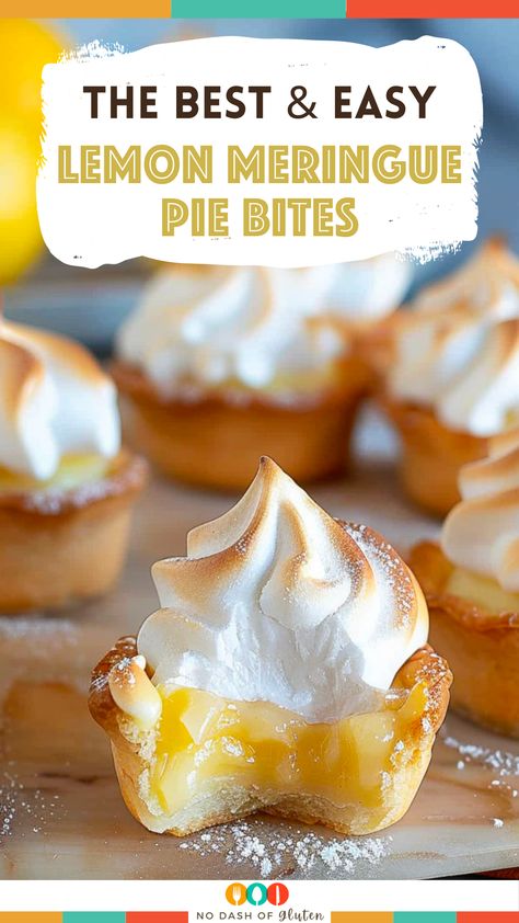 Savor the perfect bite with Lemon Meringue Pie Bites! Crisp crust, zesty lemon filling, topped with fluffy meringue, these mini treats are a crowd-pleaser. Easy to make and irresistibly delicious, they're ideal for any occasion. Whether you're hosting a party or craving a sweet bite, these pie bites offer a delightful mix of flavors. Elegant, yet simple, they're sure to be your new favorite dessert. Don't wait, pin this recipe now and make your next gathering a hit! Pie, Lemon Meringue Recipe, Fluffy Meringue, Mini Lemon Meringue Pies, Mini Pie Crust, Mini Pie Recipes, Finger Desserts, Lemon Meringue Tart, Cookie Cups Recipe