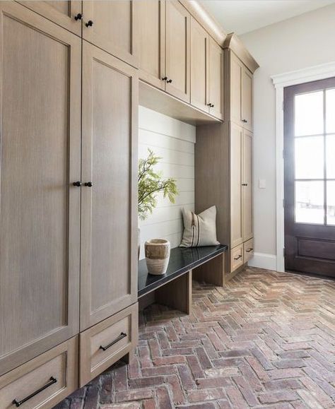 modern farmhouse Mudroom design with custom built in lockers, locker storage in mudroom ideas, hooks and bench in back foyer mudroom, mudroom storage, mudroom organization with shoe storage Pull Out Shelves, Mudroom Design, Drawer Design, Mudroom Bench, Smart Things, Mud Room, Sweet Home, Room Divider, Shelves