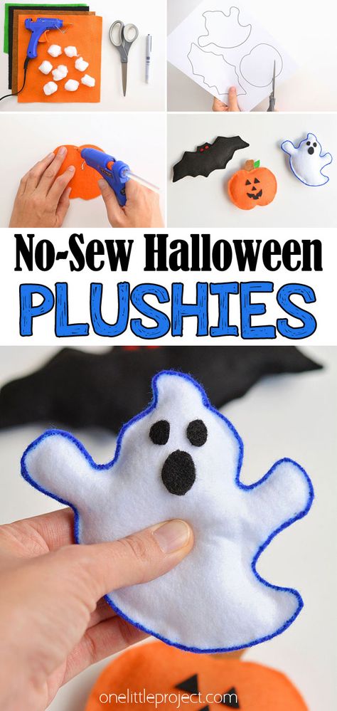 These no-sew Halloween plushies are SO CUTE and they're so simple to make. This is such an easy Halloween craft and a super fun craft for kids. No sewing skills required! Grab the free printable template and make your own ghost, pumpkin and bat plushies. Halloween Bead Crafts For Kids, Diy Halloween Gifts For Kids, No Sew Felt Crafts, Halloween Kindergarten Crafts, Bat Plushies, Halloween Plushies, Sew Halloween, Ghost Template, Halloween Felt Crafts