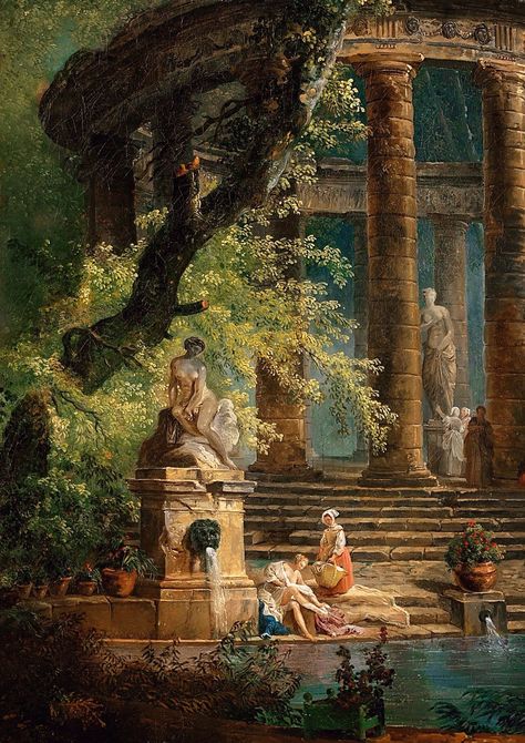 Hubert Robert : Le Bassin ( détail ) Art, Water, Trees, The Bathing Pool, Hubert Robert, Pool