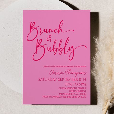 This is a Brunch and Bubbly Hot Pink Modern Minimalist Birthday Brunch Party Invitation! Brunch Invitations Birthday, Brunch Bubbly Invitation, 21st Brunch Party, Ladies Brunch Decor, Brunch Birthday Party Invitation, 21st Birthday Ideas Brunch, 60th Brunch Birthday, Brunch 40th Birthday, 22nd Birthday Brunch Ideas