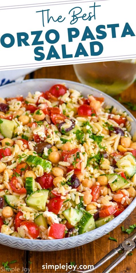 Mederteranian Orzo Salad, Orzo Garbanzo Salad, Orzo Salad Recipes Cold Feta, Orzo Cold Salad, Orso Salad Recipes, Orzo Bowl Recipe, Fiber Rich Side Dishes, Orzo Cucumber Feta Salad, Orzo And Chickpeas